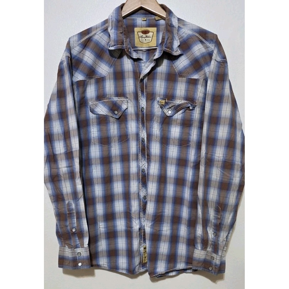 Larry Mahan Men XXL Cowboy Pearl Snap Western Blue Plaid Long Sleeve Rodeo EUC